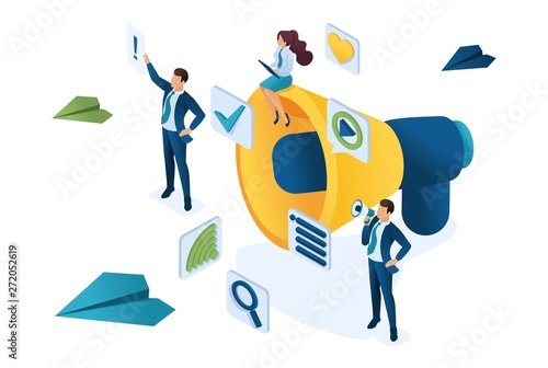 Isometric business marketing, businessmen next to the big megaphone and digital icons. Concept for web design
