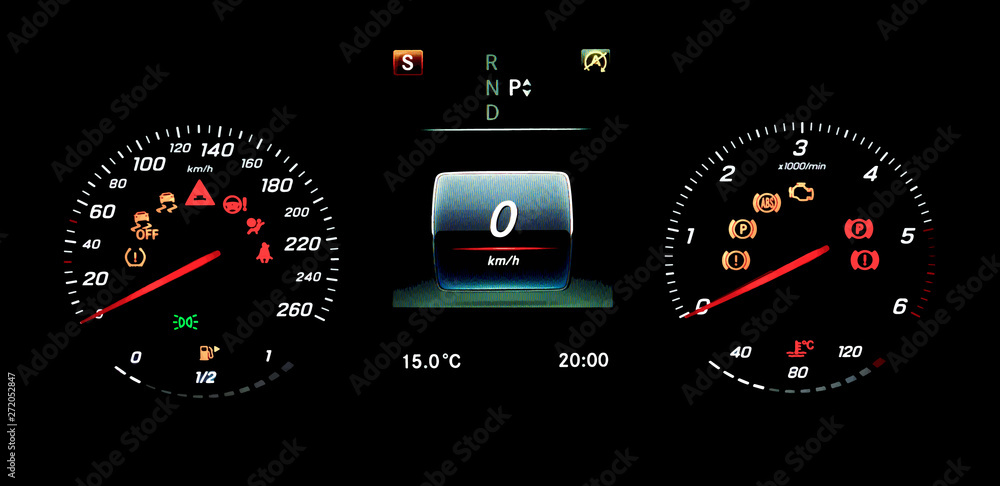 Illustration of car counter panel with speedometer, tachometer, odometer, fuel gauge and open door indicator. Modern digital car display.