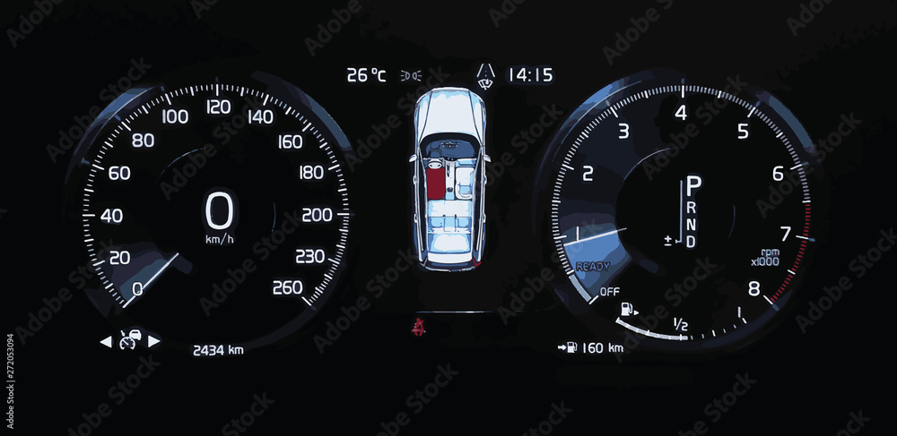 Illustration of car dashboard panel with speedometer, tachometer, odometer, fuel gauge and open door indicator. Modern digital car display.