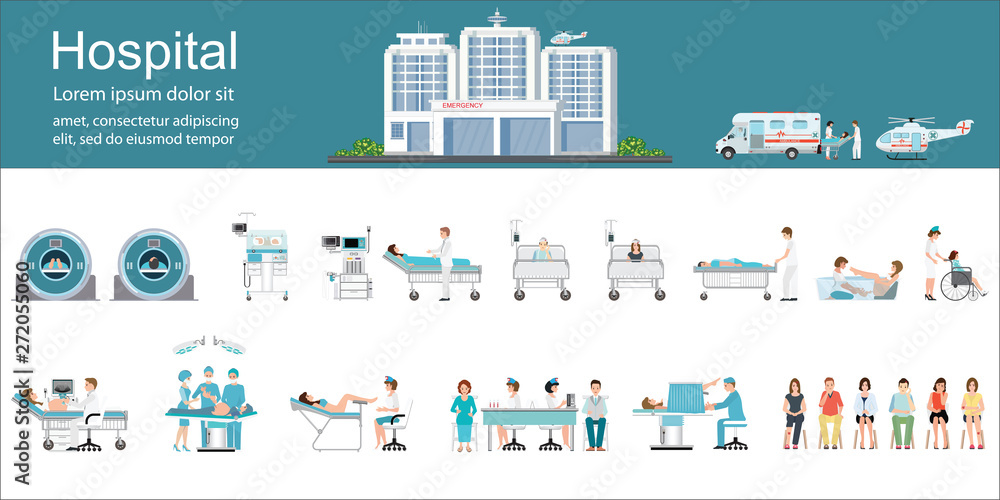 Modern hospital building and healthcare infographics.