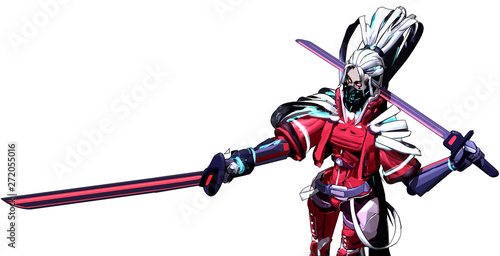 Cyborg girl in a mask with two Katanas in an unusual costume
