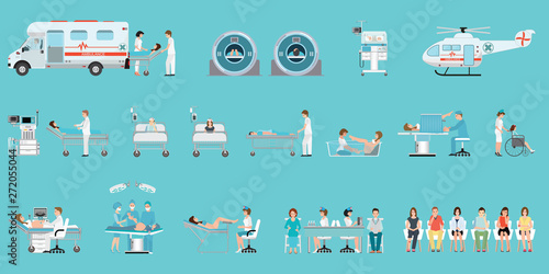 Medical service with medical staff and patients different situations set in hospital.