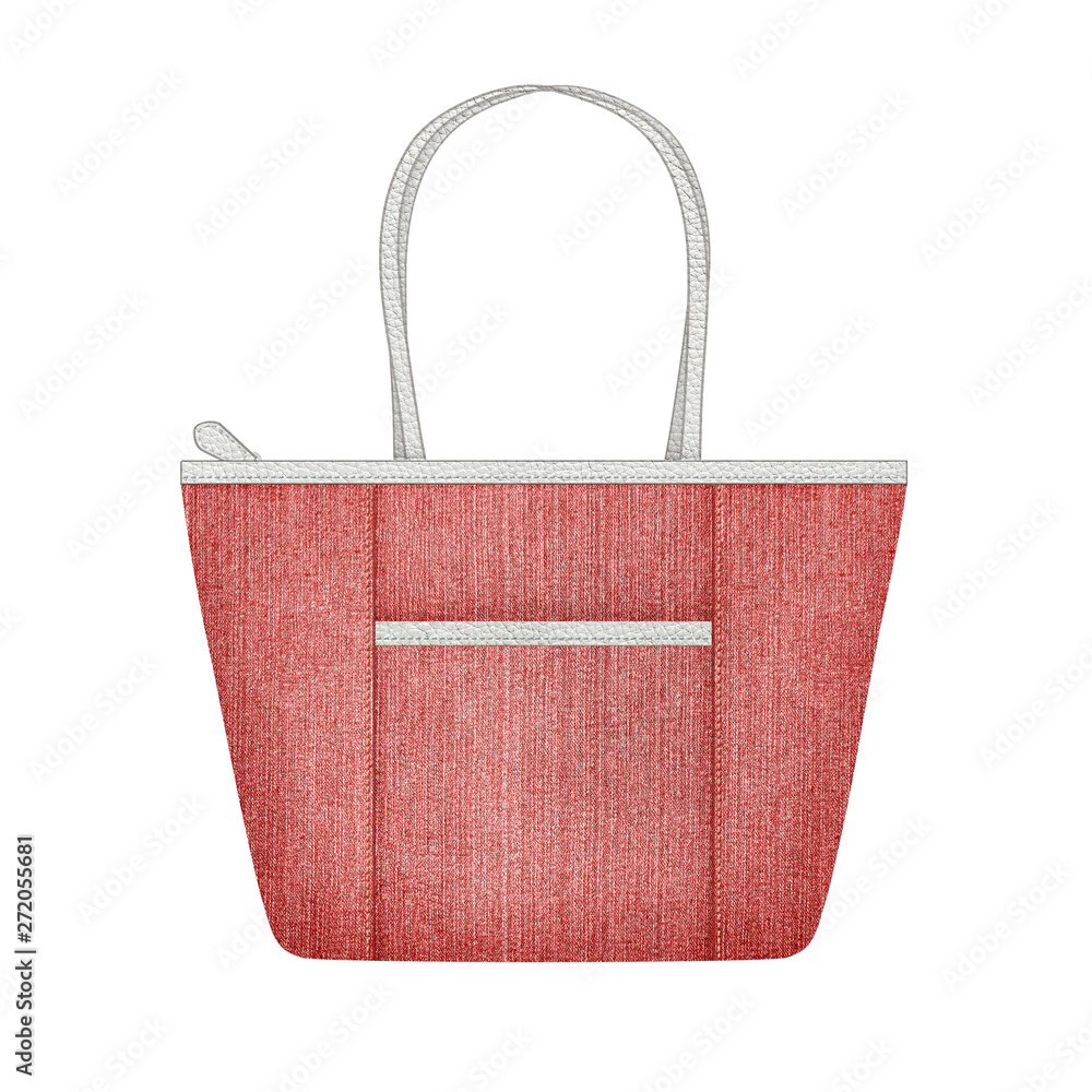 red denim shopping tote bag with outer pocket, mockup with denim and leather texture, isolated on white background red denim shopping tote bag with outer pocket, mockup with denim and leather texture, isolated on white background