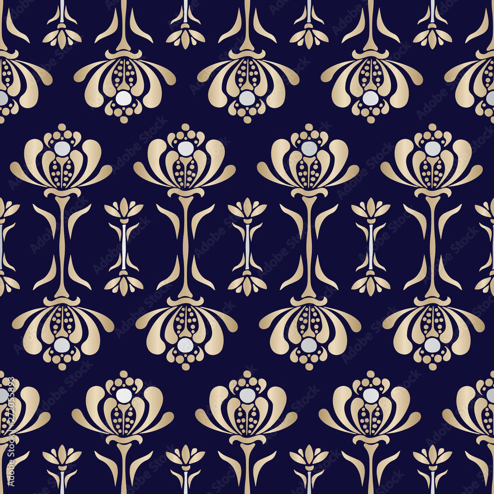 Gold Lacey Baroque Style Stylized Water Lilies Vector Seamless Pattern. Floral Luxurious Background