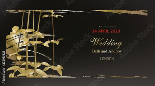 Tropical gold leaves on dark black background vector. Botanical exotic horizontal design with golden tropic jungle creeper plant stem and paint smear. Wedding ceremony invitation card, holiday sale