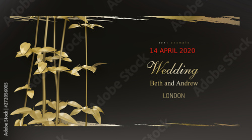 Tropical gold leaves on dark black background vector. Botanical exotic horizontal design with golden tropic jungle creeper plant stem and paint smear. Wedding ceremony invitation card, holiday sale