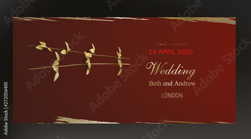 Tropical gold leaves on maroon background vector. Botanical exotic horizontal design with golden tropic jungle creeper plant stem and paint smear. Wedding ceremony invitation card, holiday sale