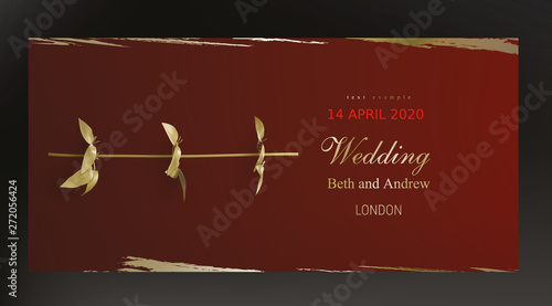 Tropical gold leaves on maroon background vector. Botanical exotic horizontal design with golden tropic jungle creeper plant stem and paint smear. Wedding ceremony invitation card, holiday sale
