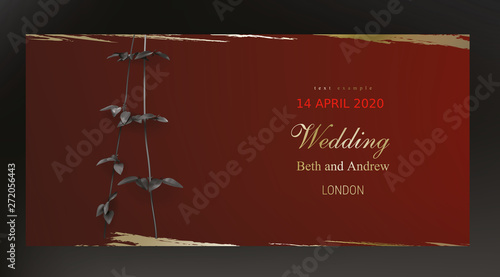 Tropical black leaves on maroon background vector. Botanical exotic horizontal design with golden tropic jungle creeper plant stem and gold paint smear. Wedding ceremony invitation card, holiday sale