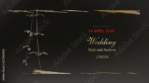 Tropical black leaves on dark background vector. Botanical exotic horizontal design with golden tropic jungle creeper plant stem and gold paint smear. Wedding ceremony invitation card, holiday sale