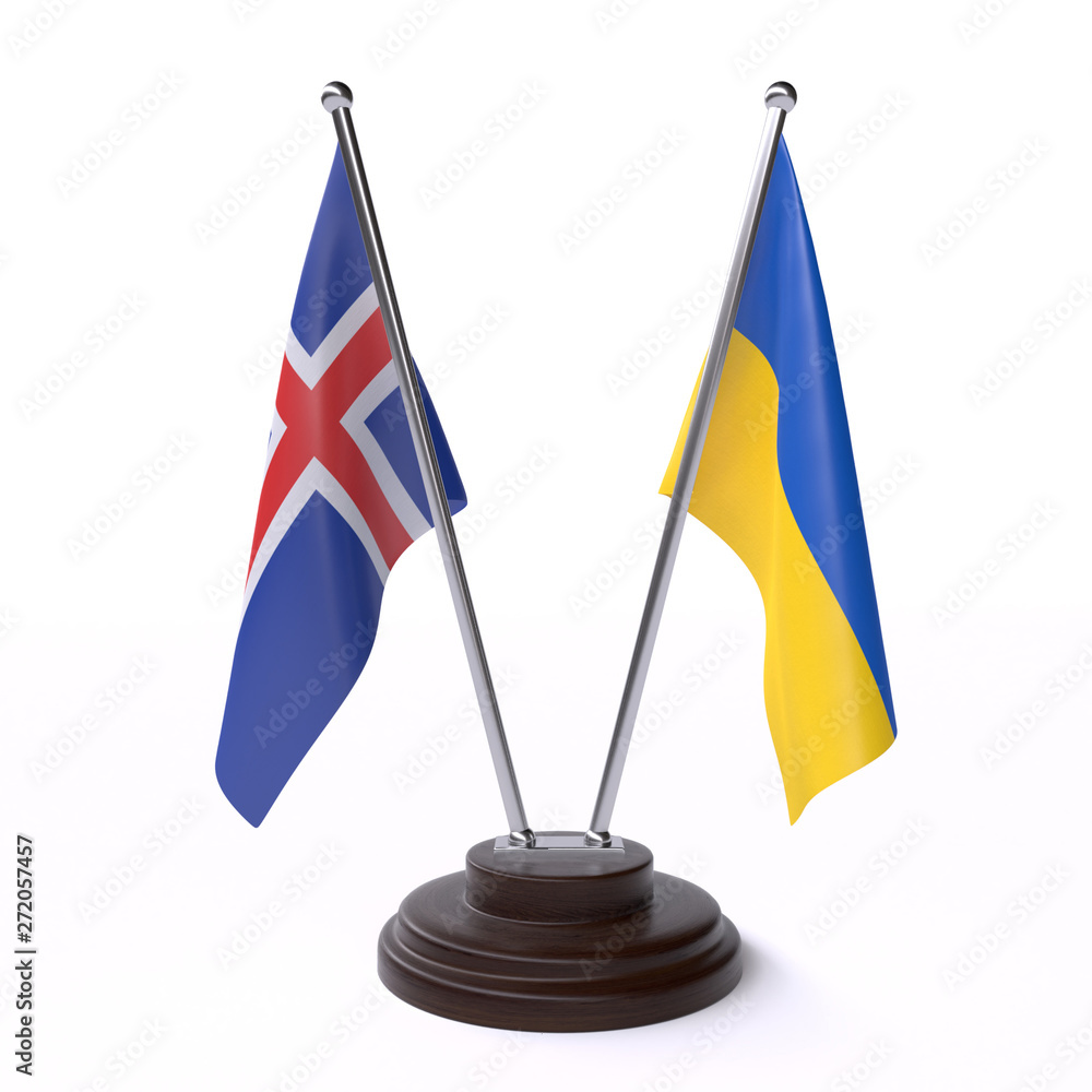 Iceland and Ukraine, two table flags isolated on white background. 3d image