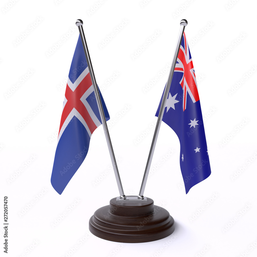 Iceland and Australia, two table flags isolated on white background. 3d image