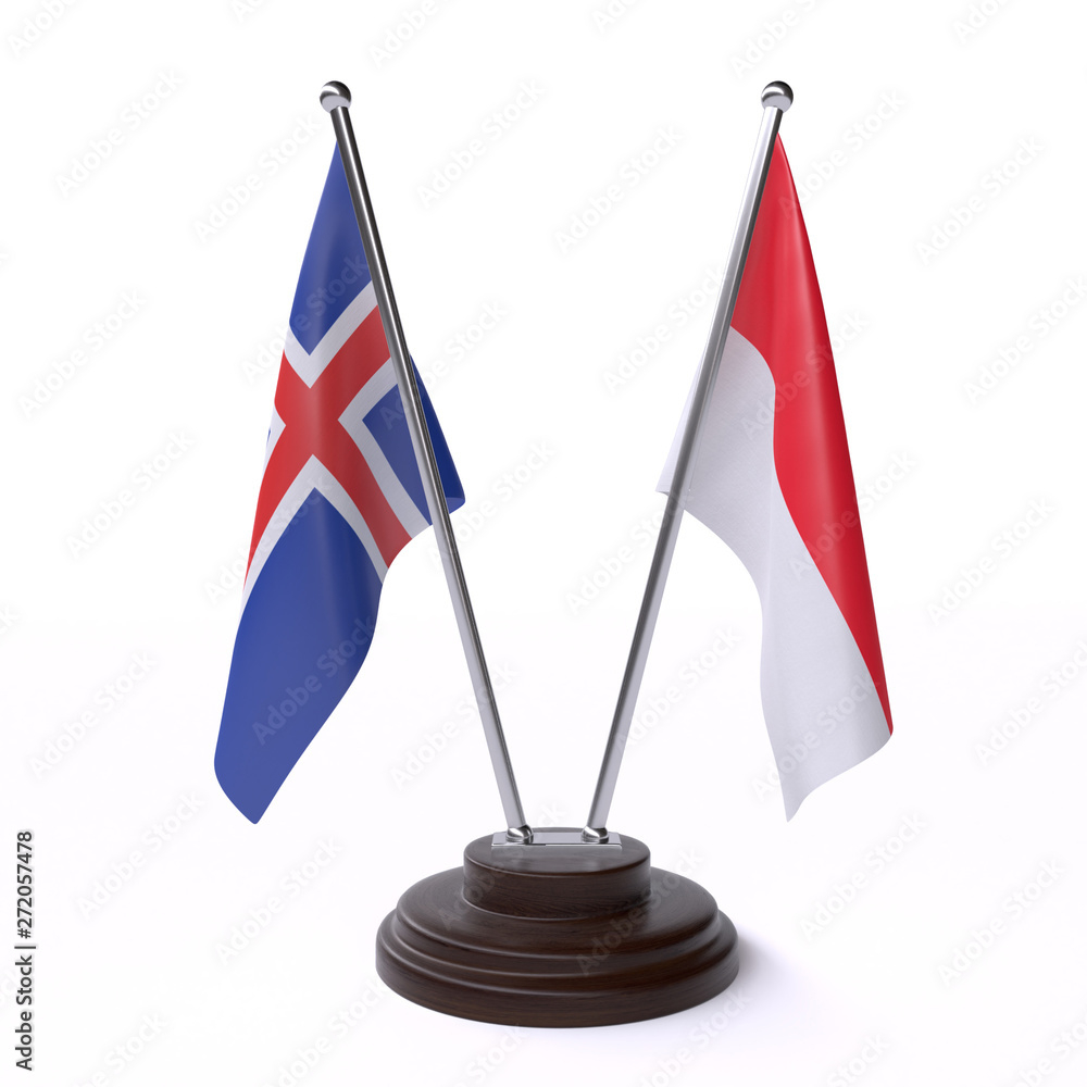 Iceland and Indonesia, two table flags isolated on white background. 3d image