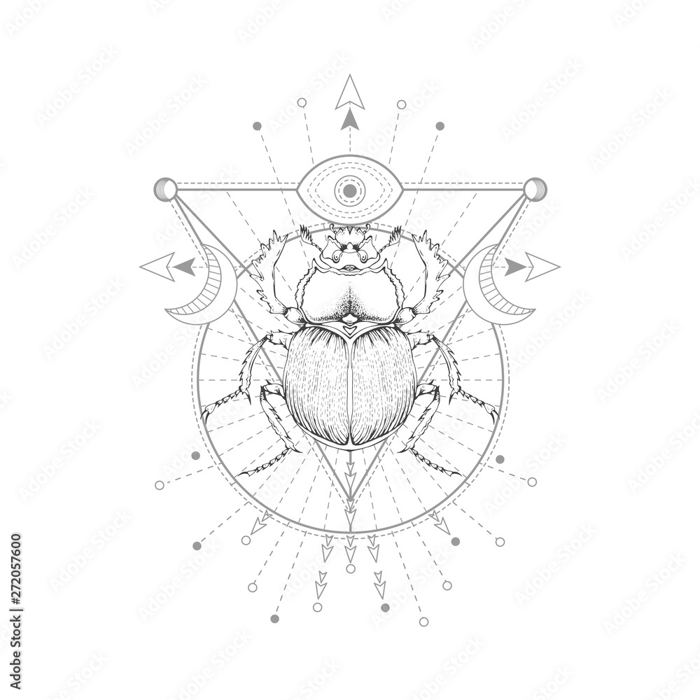 Vector illustration with hand drawn scarab and Sacred symbol on white background. Abstract mystic sign. Vector illustration with hand drawn scarab and Sacred symbol on white background. Abstract mystic sign.