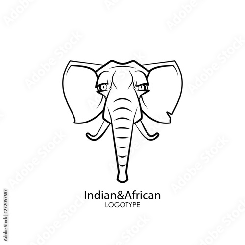 Head of a funny tough smart elephant with tusks and trunk. Sticker, pattern, background, wall decoration. Vector illustration. Cartoon character inhabitant of Africa and India.