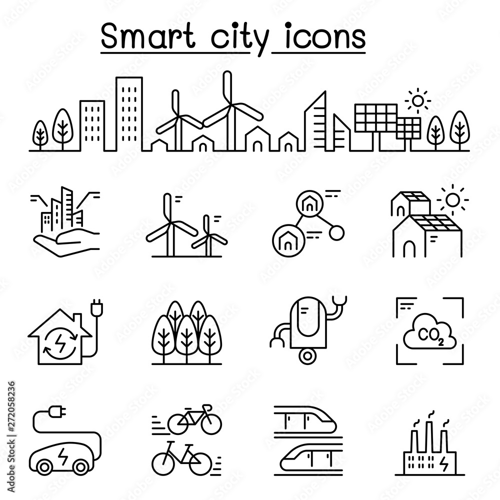 Smart city, Sustainable town, Eco friendly city icon set in thin line style - obrazy, fototapety, plakaty 