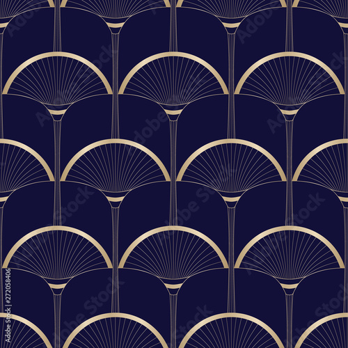 Gold Art Deco Abstract Palms on Dark Blue Vector Seamless Pattern. Abstract Egyptian Geometric Background