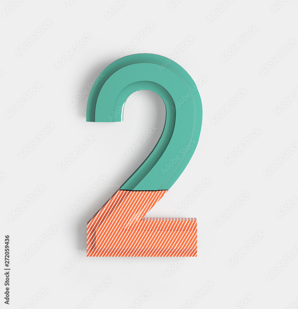 Number 2. Joyful Geometric Vivid Alphabet with Bright Coral And Pastel Color Patterns. Trendy Brand Identity Font. 3d Rendering isolated. Number 2. Joyful Geometric Vivid Alphabet with Bright Coral And Pastel Color Patterns. Trendy Brand Identity Font. 3d Rendering isolated.