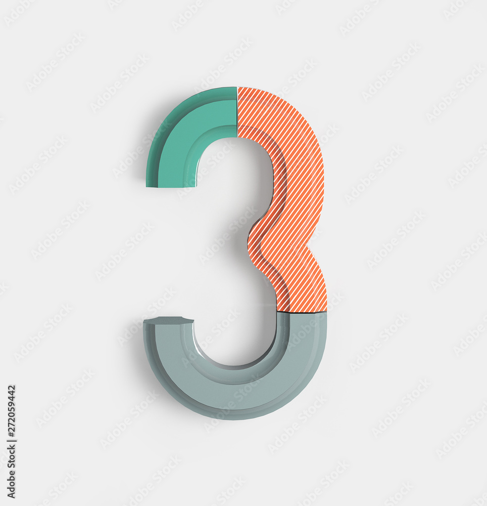 Fototapeta premium Number 3. Joyful Geometric Vivid Alphabet with Bright Coral And Pastel Color Patterns. Trendy Brand Identity Font. 3d Rendering isolated.
