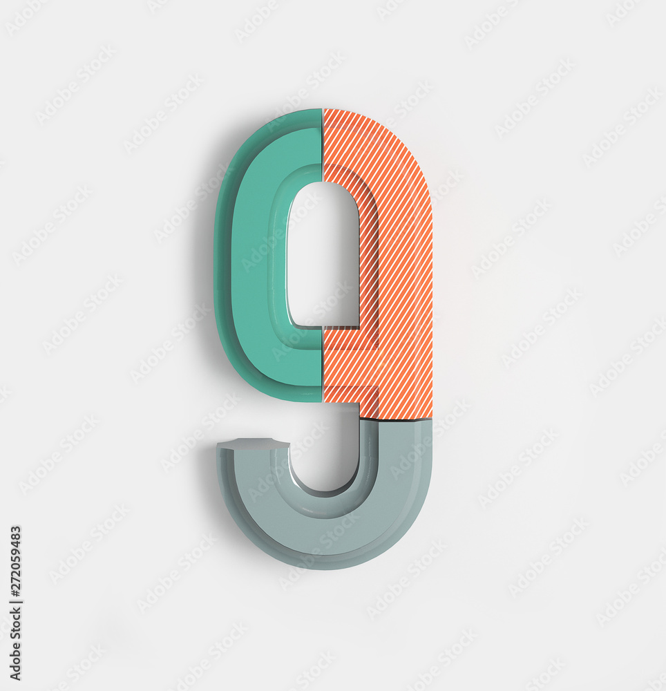 Number 9. Joyful Geometric Vivid Alphabet with Bright Coral And Pastel Color Patterns. Trendy Brand Identity Font. 3d Rendering isolated. Number 9. Joyful Geometric Vivid Alphabet with Bright Coral And Pastel Color Patterns. Trendy Brand Identity Font. 3d Rendering isolated.