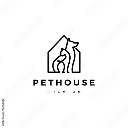 dog cat pet house home logo vector icon line art outline