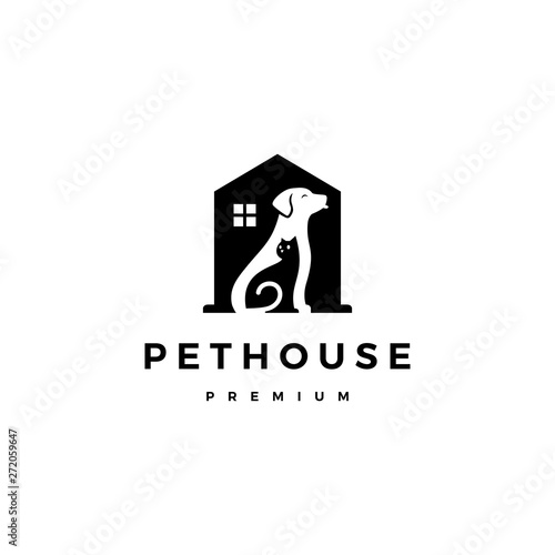dog cat pet house home logo vector icon negative space