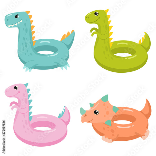 Dinosaur inflatable swimming pool floats. Vector illustrations.