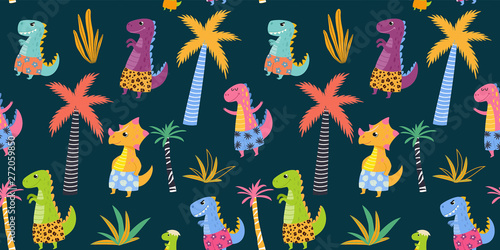 Pattern with cute dinosaurs in beach shorts. Vector seamless texture.