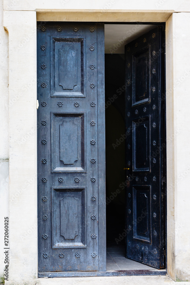 Old dark blue door open, retro style