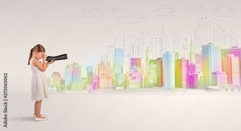 Obraz premium Cute little girl looking through spyglass to a big city 