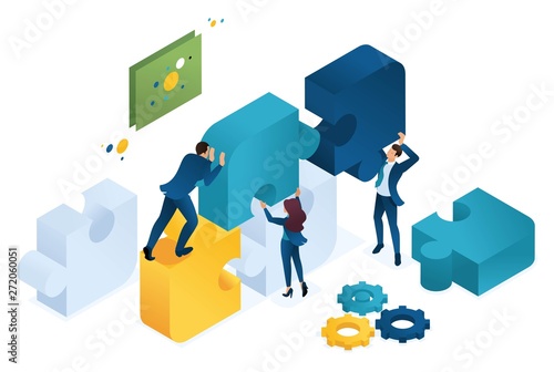 Isometric business joint project of a big team, teamwork, brainstorming. Concept for web design