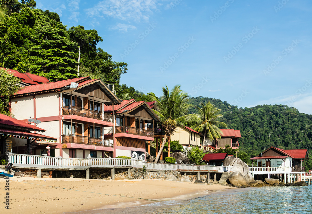 Obraz premium Coastal vintage wood resort, beautiful southeast asia style village near the sea