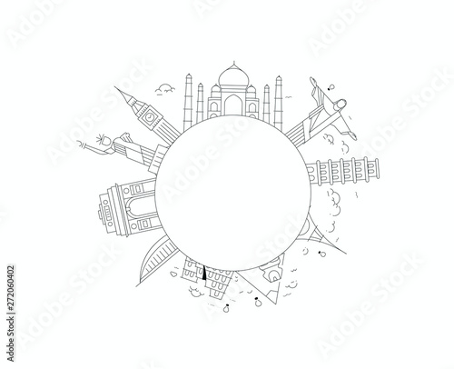 Travel the world monument concept - Flat Line Art Design.