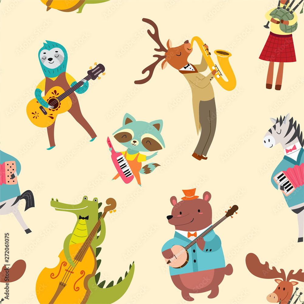 Animal musicians pattern. Vector seamless texture with cute animal band in cartoon style.