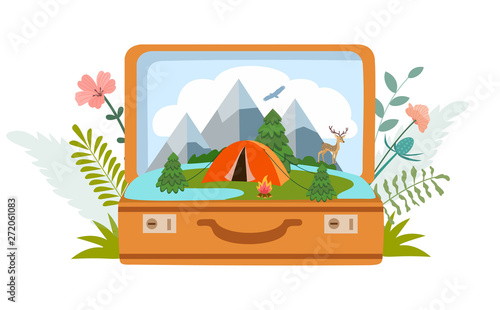 Summer camp, camping, travel, tourism with open suitcase, modern flat style. Vector illustration.