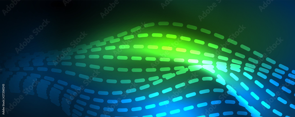 Fototapeta premium Smooth wave lines on blue neon color light background. Glowing abstract wave on dark, shiny motion, magic space light