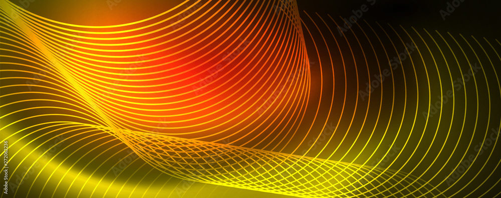 Bright neon circles and wave lines, glowing shiny background design template, digital techno concept. Bright neon circles and wave lines, glowing shiny background design template, digital techno concept.