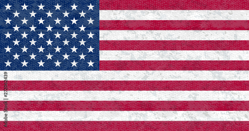 Fototapeta premium Grunge flag of USA. Isolated American banner with scratched texture on denim fabric. Flat style, vector with noise, marble textured background. Horizontal orientation.