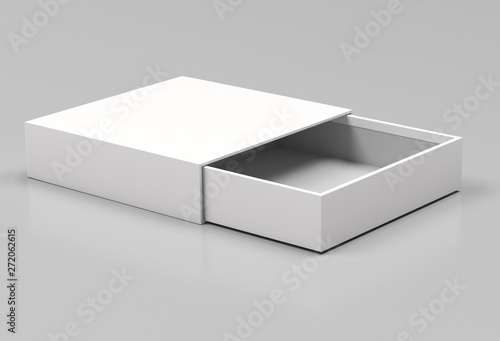 Slider box. White blank open box mock up. On gray background. 3d rendering illustration