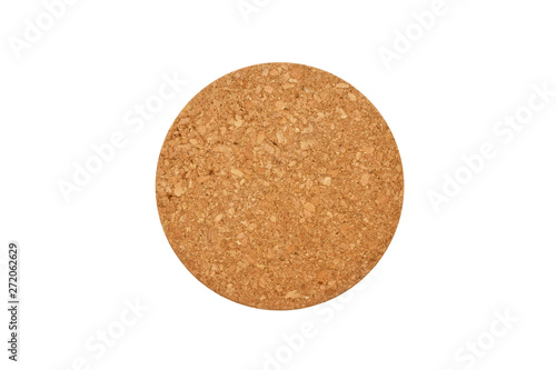 Empty round cork coaster, isolated on white background. Top view image.