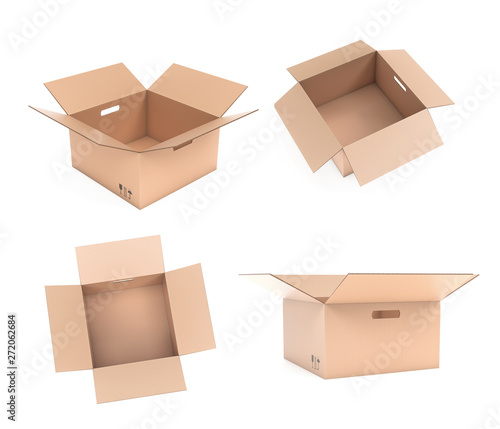 Open corrugated carton box with handle holes. Set. 3d rendering illustration isolated © savanno