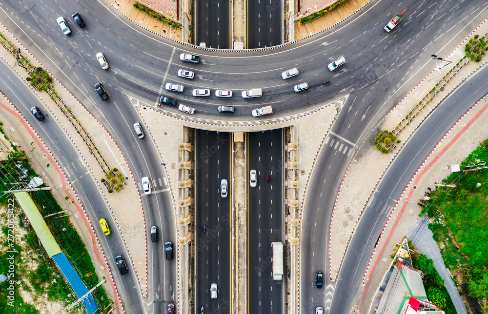 Aerial view Expressway motorway highway circus intersection at Day time Top view , Road traffic in city at thailand