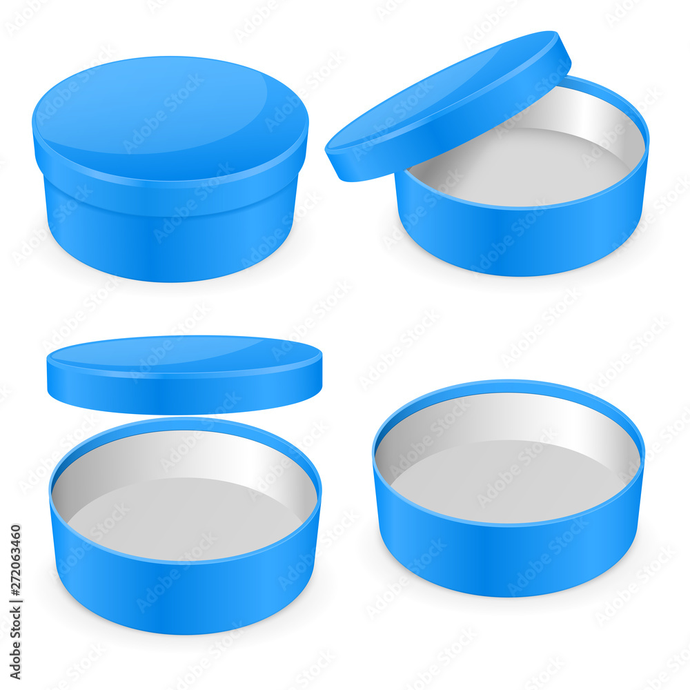 Round blue hat box. Open and closed empty carton Round blue hat box. Open and closed empty carton