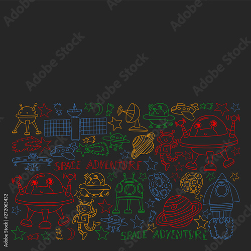 Vector set of space elements iicons in doodle style. Painted  colorful  pictures on a piece of paper on blackboard.