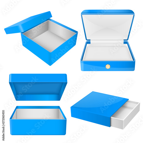 Blue open gift box. Realistic carton mock up
