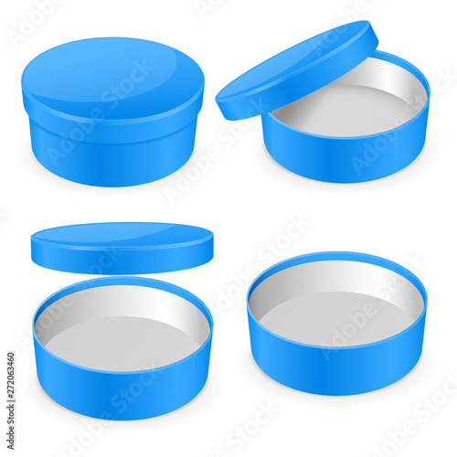 Round blue hat box. Open and closed empty carton