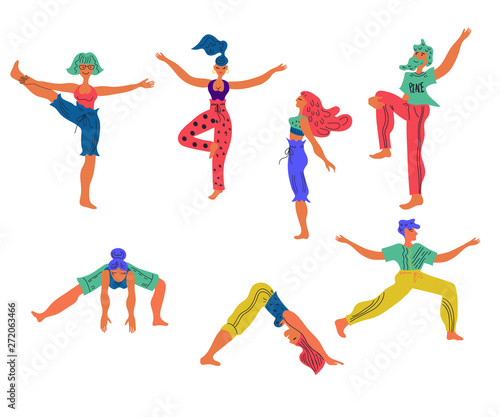 Set of cartoon people characters practice yoga in various poses vector illustration isolated on white background. Healthy active lifestyle and wellbeing concept for sport projects.