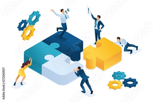 Isometric people connecting puzzle elements. Symbol of teamwork. Concept for web design