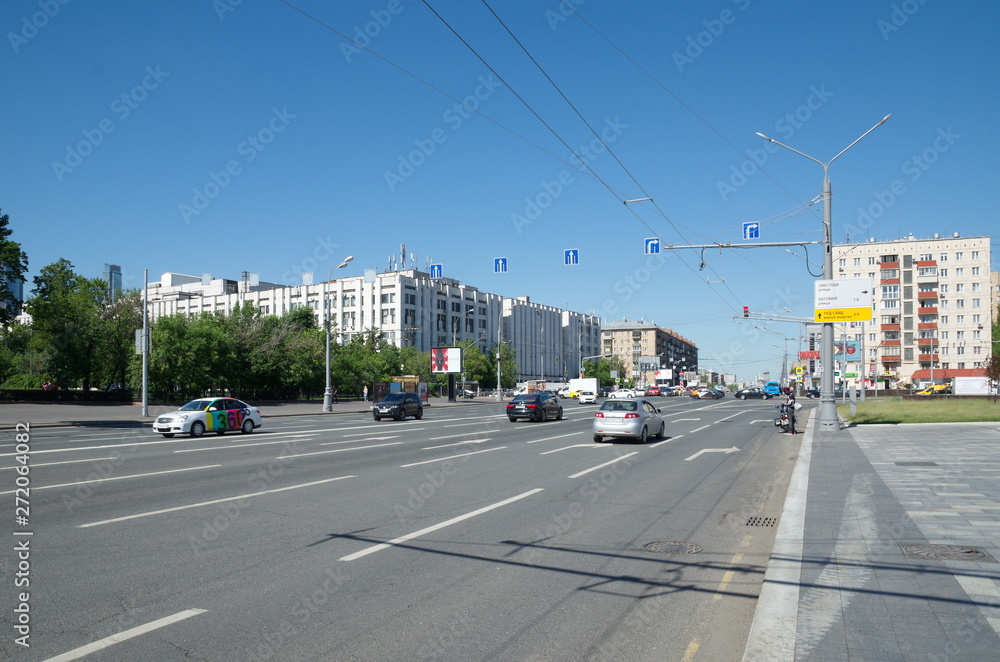 Moscow, Russia - June 4, 2019: Krasnaya Presnya street on a Sunny summer day
