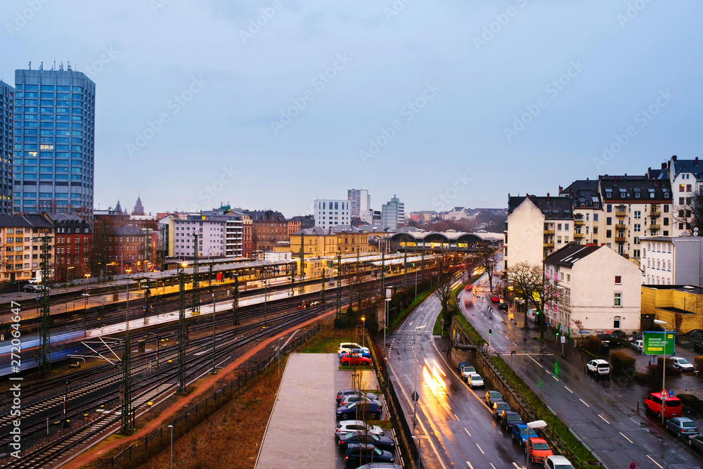 Main train station in Mainz, Germany at sunrise. Morning view of streets